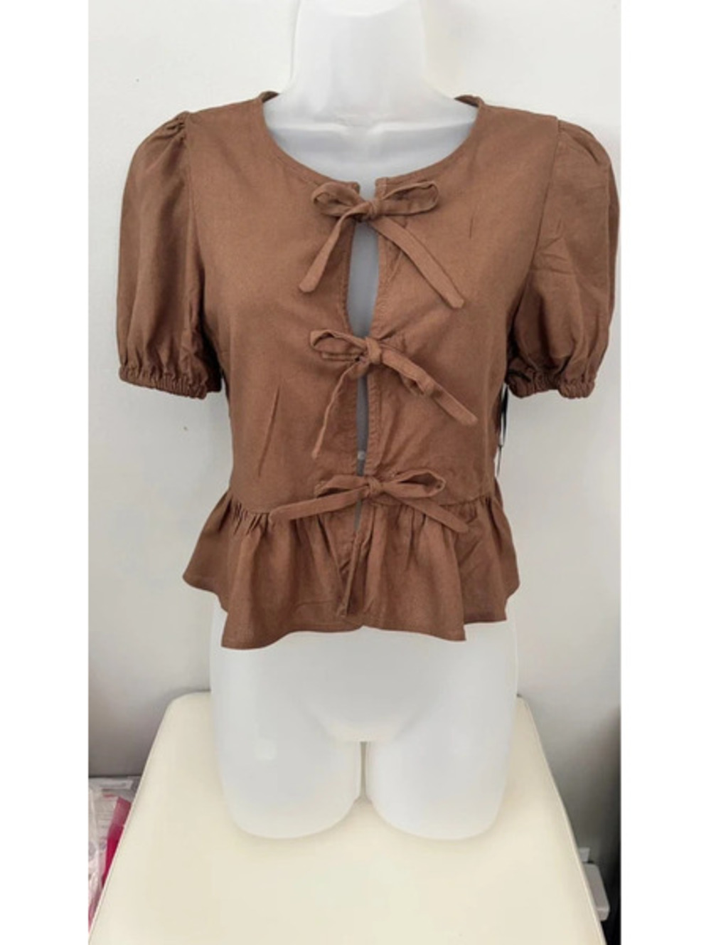 Liberty Love Brown Tie Front Peplum Top NWT XS